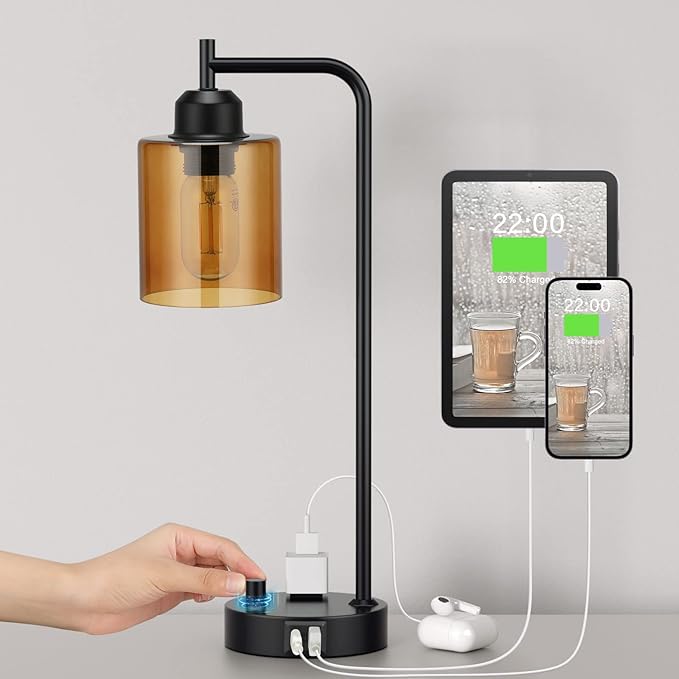 Innqoo Industrial Small Desk Lamp for Nightstand - Amber Clear Glass Shade Table Lamp with USB C Port, Fully Dimmable Black Bedside Lamp with USB Port and Outlet, Bedroom Lamp for Reading Office