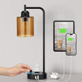 Innqoo Industrial Small Desk Lamp for Nightstand - Amber Clear Glass Shade Table Lamp with USB C Port, Fully Dimmable Black Bedside Lamp with USB Port and Outlet, Bedroom Lamp for Reading Office