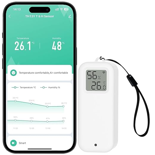 WLAN Thermometer Hygrometer Sensor, Wireless Smart Temperature and Humidity Digital Display Monitor, with Remote App Notification Alert for Home, Greenhouse(1pack)