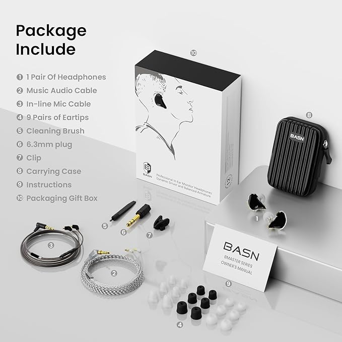 BASN in Ear Monitor Headphones, Triple Driver IEM Earphones with Powerful Bass, Noise Isolation HiFi Stereo Wired Earbuds for Musicians Singers Drummers (Black)