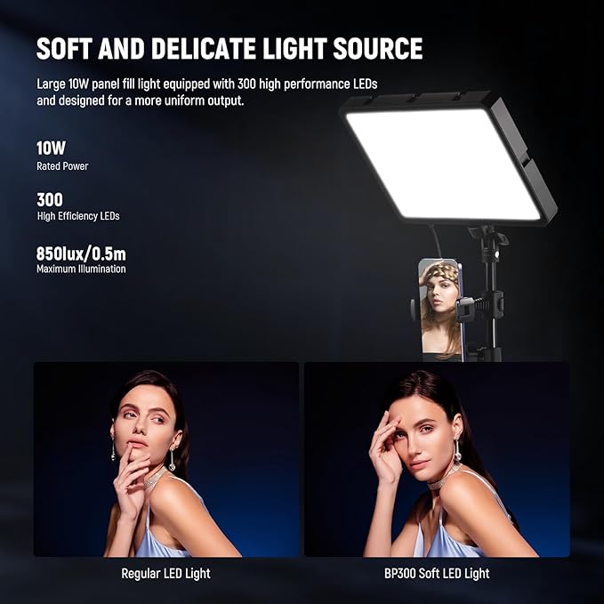 NEEWER Basics LED Video Panel Light, Studio Lighting Kit with 59''/150cm Tripod Stand Phone Holder for Video Recording Photography Streaming Podcast, 850lx/0.5m Bi Color 2700-6500K Dimmable, BP300
