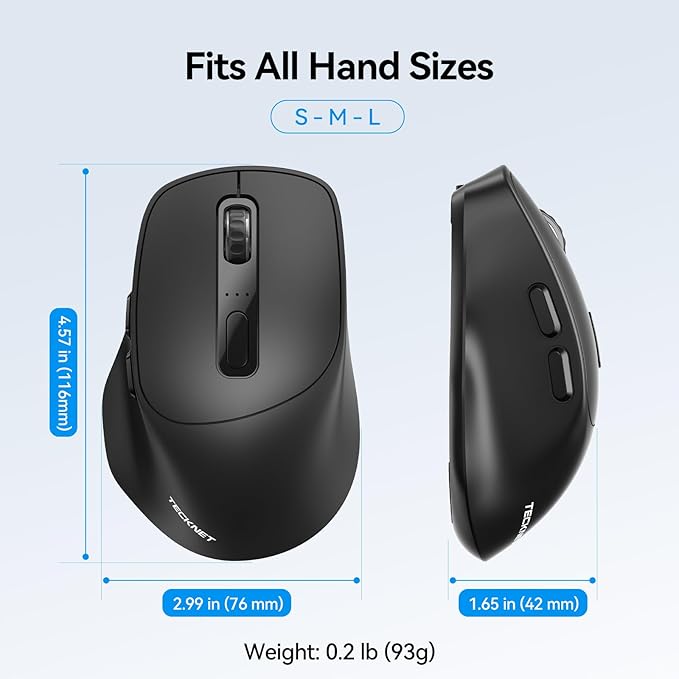 TECKNET 3-Device Wireless Mouse, Rechargeable Dual-Mode (2.4G & BT 5.0), Silent USB-A & Bluetooth Mouse, 6-DPI up to 4800, Wide Compatibility - Black