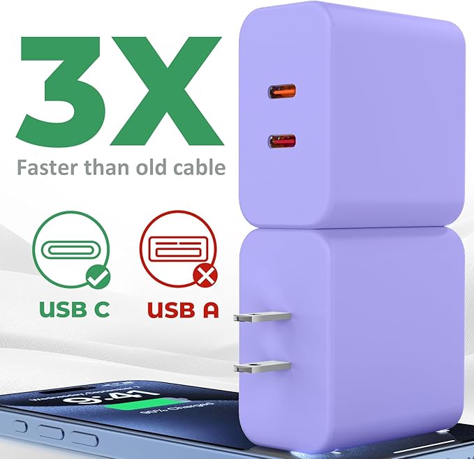 USB C Charger Block, 40W Dual Port Fast Charger 20W Type C Charging Block 3.1A USB Wall Charger Dual Port PD+QC Charging Cube for iPhone 15 16 14 13 12 11 Pro Max XS, iPad, Samsung Phone-Purple