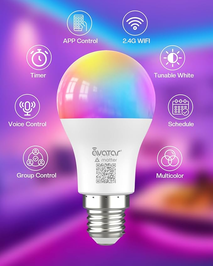 Avatar Controls Matter Smart Light Bulb Compatible with Apple HomeKit/Alexa/Google Home, 9W 2 Pack Color Changing Alexa LED Light Bulbs, Voice/App Controlled Dimmable WiFi Lighting for Room