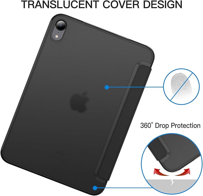 JETech Case for iPad mini (A17 Pro, 2024 Model, 7th Generation) / mini 6 (2021 Model, 6th Generation), Slim Stand Hard Back Shell Smart Cover with Auto Wake/Sleep (Black)