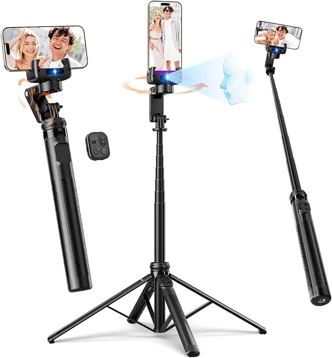 Rollei Auto Face Tracking Tripod, Smartphone Gimbal Stabilizer 61'' Selfie Stick Tripod Holder 360° Rotation for iPhone/Android Stand for Filming Streaming Tiktok Video Vlog