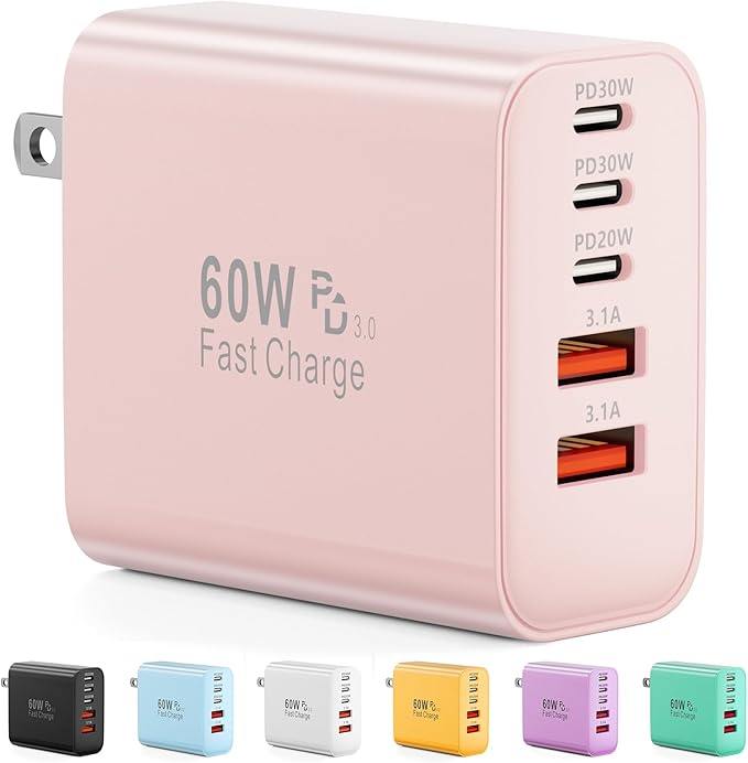USB C Charger Block, 60W 5-Port Type C Charger Fast Charging Block, USBC USB Multiple Port Wall Charger Plug Adapter for iPhone 17/Air/16/15/14/13/12/11 Pro Max, Samsung Galaxy, iPad, Tablet (Pink)