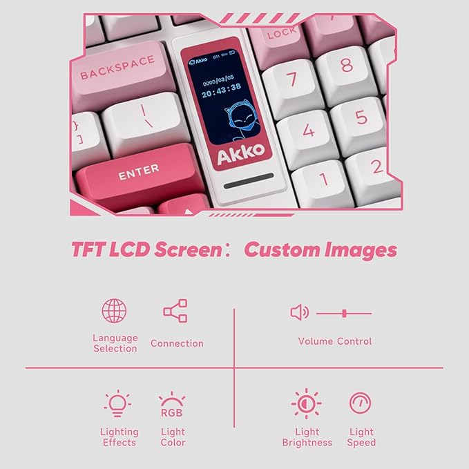 Akko 5098B Wireless Gaming Keyboard with Screen, Prunus Lannesiana Hot-Swappable Full Size Mechanical Keyboard with Scroll Wheel, Numberpad, RGB Gasket Keyboard, Piano Pre Lubed Switch