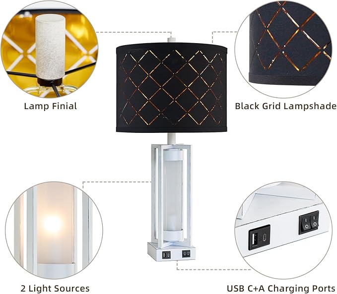 25" Set of 2 Farmhouse Table Lamps with USB C+A Ports, Rustic Retro Nightstand Lamps with White Night Light, Black Grid Shade, Desk Lamps for Bedroom Bedside, 4 Bulbs Included