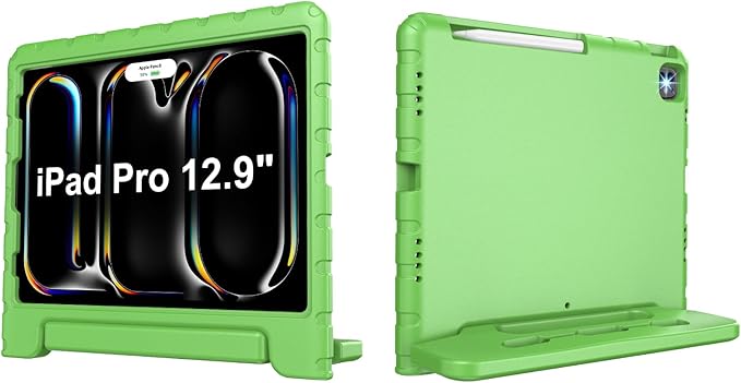 Kids Case for iPad Pro 12.9 Case 2022/2021/2020/2018 with Pencil Holder & Hadle Stand, Super Protection Rugged Cover for iPad Pro 12.9 inch 3rd/4th/5th/6th Generation, Lime Green
