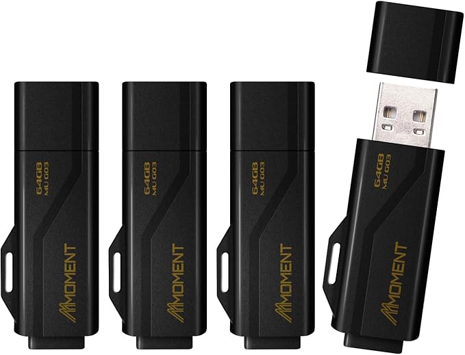 Moment 64GB (4-Pack) MU G03USB Flash Drive 4-Pack – USB 3.2 Memory Stick with Protective Cap and Keychain Loop, Up to 100MB/s Read, 30MB/s Write – Plug & Play USB Drive for PC, Mac, TV, Car