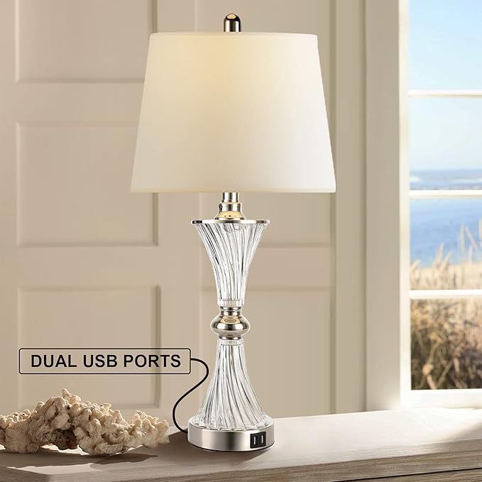 Hamucd Touch Control Table Lamp for Bedrooms 3 Way Dimmable White Drum Shade Modern Bedsides Nightstand lamp Set of 2 with 2 USB Charging Port(Bulbs Included)