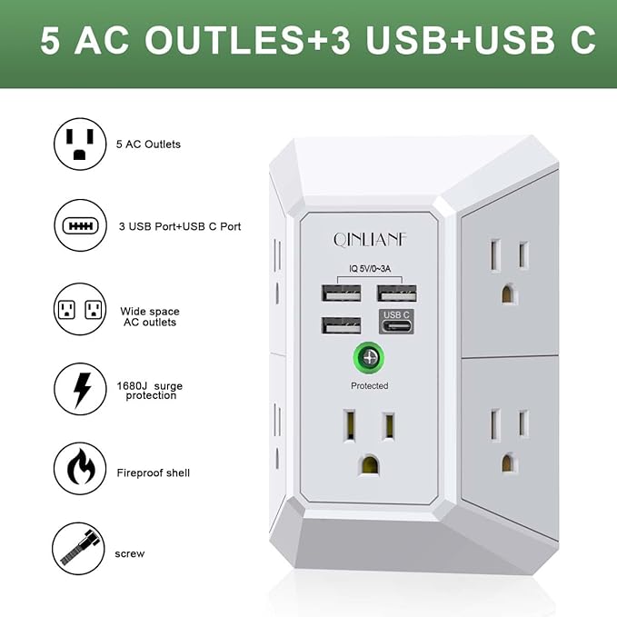 Wall Charger, Surge Protector, QINLIANF 5 Outlet Extender with 4 USB Charging Ports, 3-Sided 1680J Power Strip Multi Plug Adapter Spaced for Home Travel Office