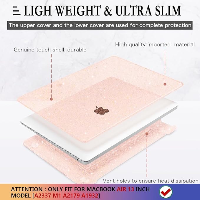 CISSOOK Glitter Pink Case for MacBook Air 13 inch 2021 2020 2018 Release Model A2337 A2179 A1932 with Touch ID, Sparkly Hard Shell Case & Keyboard Cover for MacBook Air 13 M1, Glitter Cherry Pink