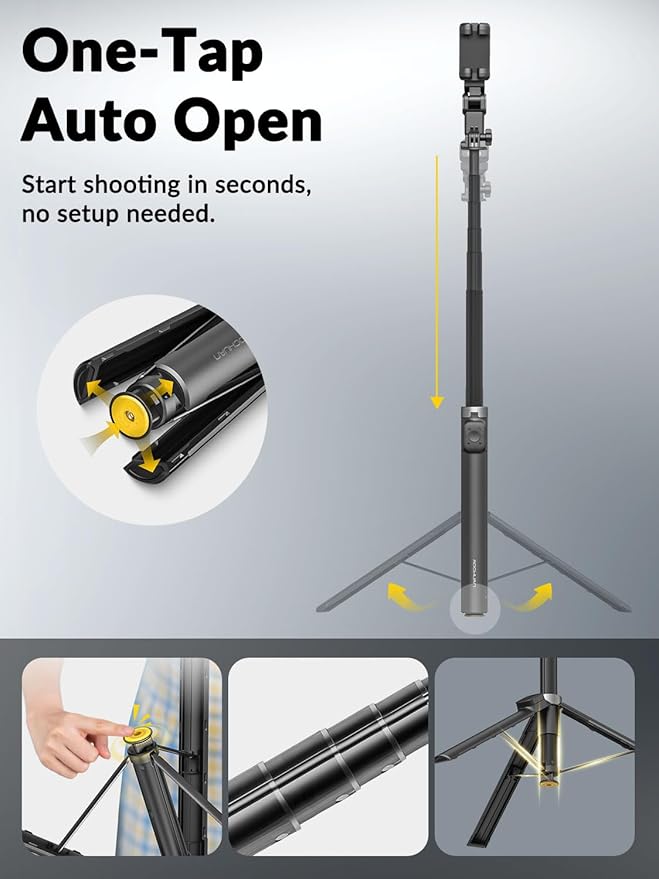 AOCHUAN 70.9” Auto-Open 4-in-1 Smartphone Gimbal Stabilizer for iPhone w/Magnetic Remote,AI Face Tracking Phone Stabilizer(No App Needed), 360°Rotating Gimbal w/RGB Light &Built-in Tripod, M3Pro Black