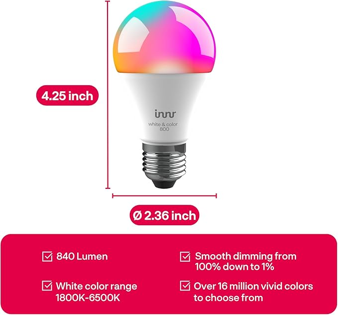 innr Zigbee A19 Smart Bulb, Works with Hue*, Alexa, SmartThings (Hub Required), White & Color, E26 LED Bulb, Color Changing Light Bulb, up to 16 Million Colors, Dimmable, 840 Lumen, 4-Pack