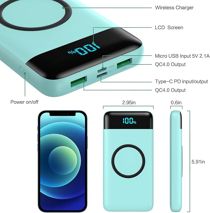 Wireless Portable Charger 30,800mAh,15W Wireless Charging USB C Power Bank,25W PD QC 4.0 Fast Charging 4 Outputs Travel Essentials Battery Pack Compatible with iPhone 17/16/15/14,Galaxy,Android-Green