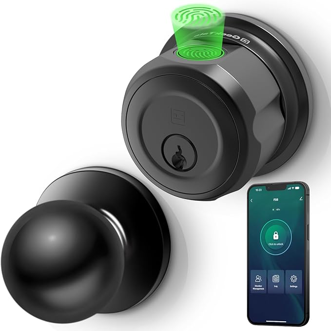 GeekTale Smart Deadbolt, Fingerprint Deadbolt Lock, Fingerprint Door Knob with Lock, Keyless Deadbolt, Keyless Entry Door Lock with App, for Front Door, Garage, Easy Installation