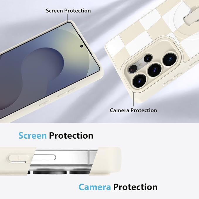 KANGHAR Compatible with Samsung Galaxy S25 Ultra Case, Support for MagSafe, Silicone Checkered Cute Pattern, Wristband Kickstand Camera Protection Soft Slim Cover for Girls Women -White