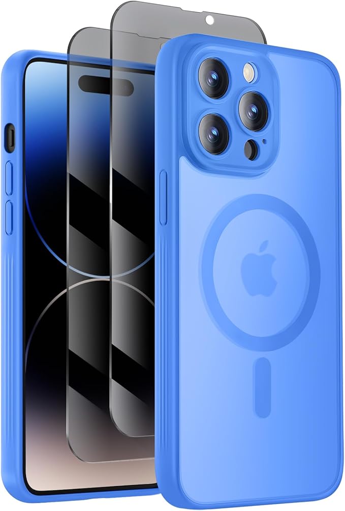 Symcele Designed for iPhone 14 Pro Case, Compatible with MagSafe, with Privacy Screen Protectors X2, [Camera Protection] [15FT Military Drop Protection] Shockproof Phone Case, 6.1", Blue