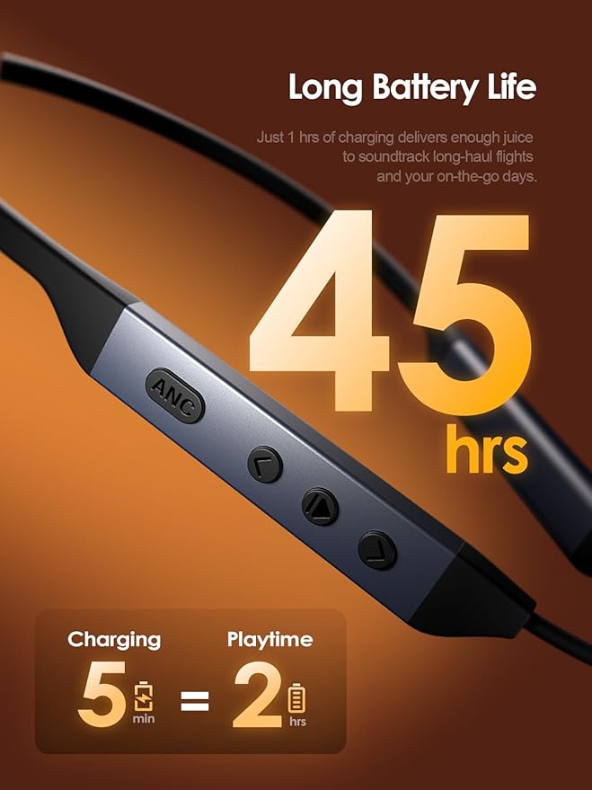 Hybrid Active Noise Cancelling Bluetooth 6.0 Headphones, 5 ENC AI Clear Call Mic Wireless Earbuds, in-Ear Magnetic Neckband Earphones 45H Playtime, IPX6 Sweatproof ANC Headsets for Travel Home Office
