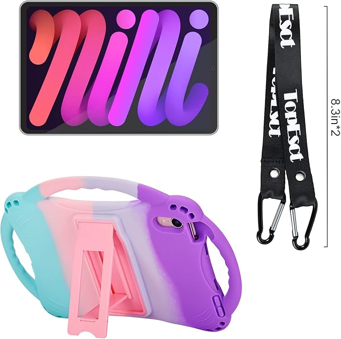 TopEsct Kids Case for iPad mini 7 (A17 Pro) 2024 /iPad Mini6 2021, Shockproof Silicone Cover with Handle Stand for 8.3" iPad mini 6th/7th Gen, Puple and Turquoise