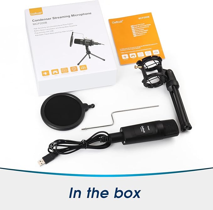 Daffodil Condenser Microphone USB Omnidirectional MCP200 - Mic with Tripod Stand, Pop Filter - Recording Vocals, Gaming, Podcast, ASMR, Vlogging Broadcast and Streaming for PC and Mac - Black