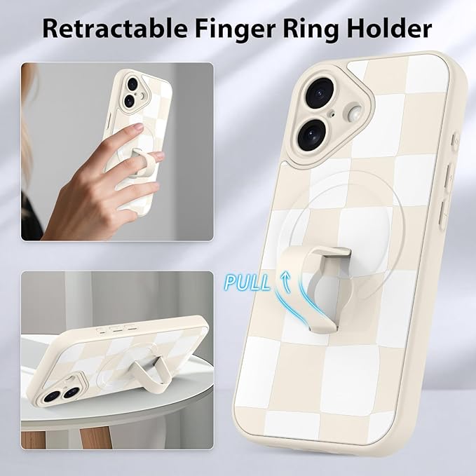 KANGHAR Compatible with iPhone 17 Case, Support for MagSafe, Silicone Checkered Cute Pattern, Wristband Kickstand Camera Protection Soft Slim Cover for Girls Women -White
