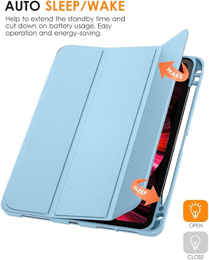 DTTO for iPad Pro 11 inch 4th/3rd/2nd/1st Generation 2022/2021/2020/2018 Case, Smart Slim Trifold Stand Soft TPU Back Cover with Built-in Pencil Holder, Also Fit iPad Air 5/4,Sky Blue
