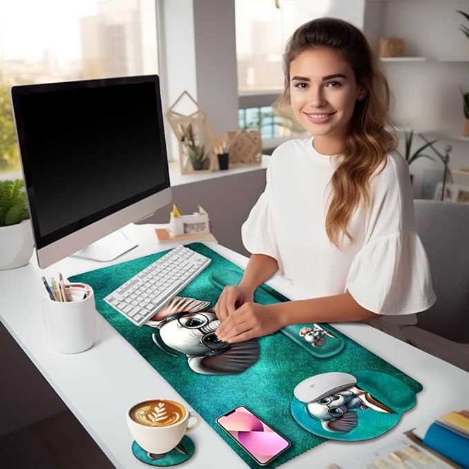 LIMKRIAN Desk Mat Pad, Large Gaming Mouse Pad with Wrist Rest Wrist Support, Ergonomic Mouse Pad Keyboard Mat Wrist Rest, Cup Coaster, Home Office Desk Accessories Decor Supplies, Cute Elephant