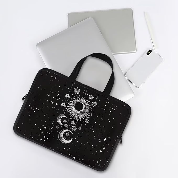 Sun Moon Stars Laptop Sleeve Case for Women Protective Soft Padded Zipper Cover Carrying Computer Bag Compatible with 12 Inch Notebook Chromebook Tablet, Galaxy Space, Black