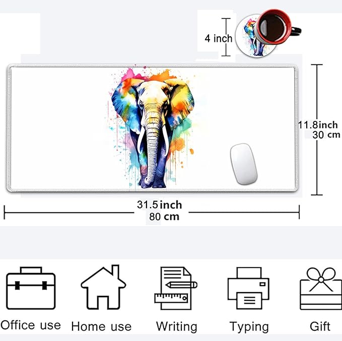 Large Mouse Pad, 31.5 x 11.8in Extended Gaming Mouse Pad with Stitched Edges, XXL Mousepad Protector Non Slip Rubber Base for Office and Home Writing Mat, Painted Elephants Pattern White Desk Mat