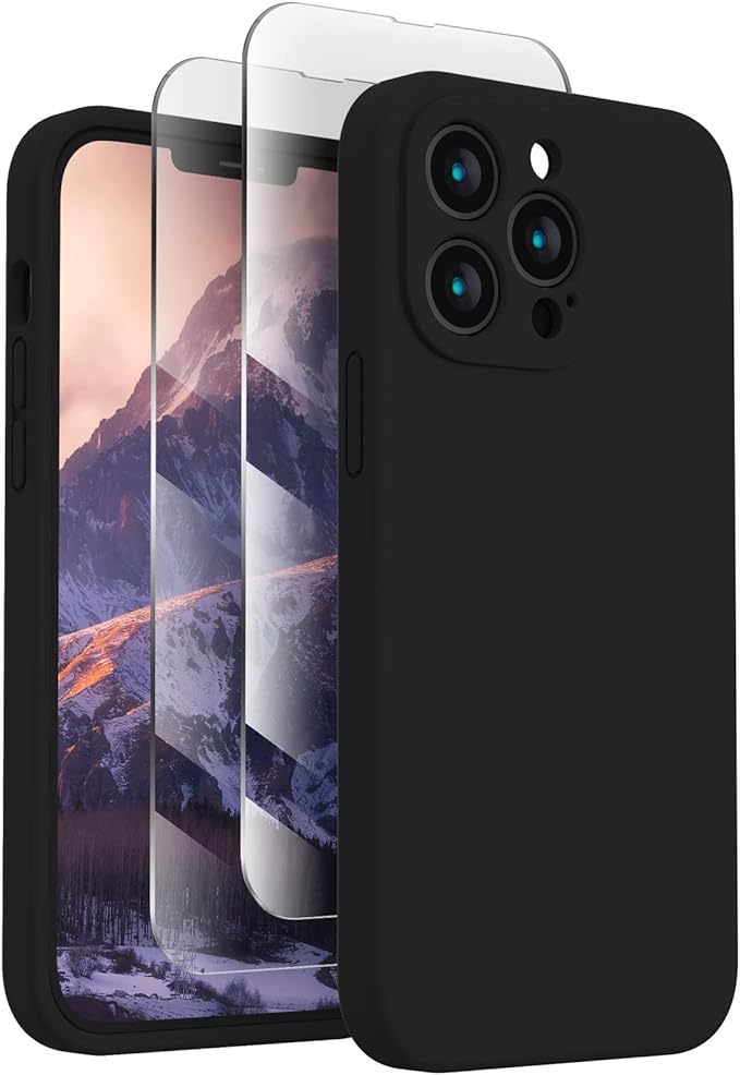 FireNova Designed for iPhone 13 Pro Case, Silicone Upgraded [Camera Protection] Phone Case with [2 Screen Protectors], Soft Anti-Scratch Microfiber Lining Inside, 6.1 inch, Black