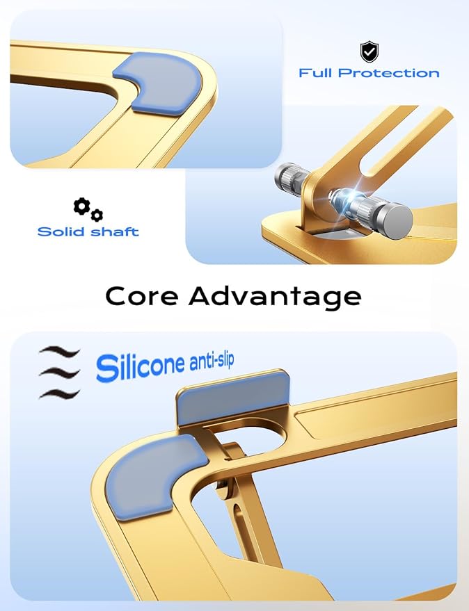 JCZT Adjustable Laptop Stand for Desk, Metal Foldable Laptop Riser, Portable Laptop Holder Mount, Ventilated Cooling Computer Notebook Stand for MacBook Air Pro, All 10-16'' Notebooks Laptops, Gold