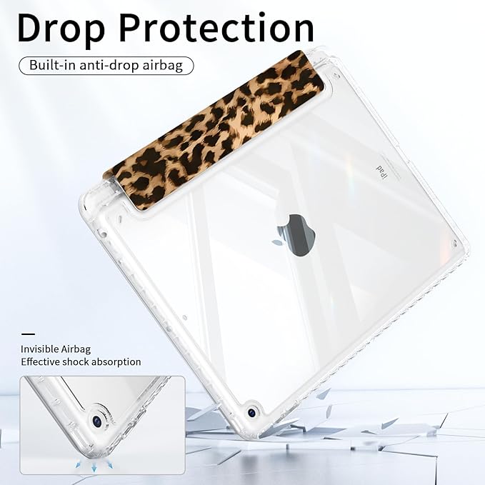 Case for iPad 9th/8th/7th Generation, iPad 10.2 Inch Case with Pencil Holder, Trifold Stand Slim Shockproof Clear Back Cover, Auto Wake/Sleep, Leopard