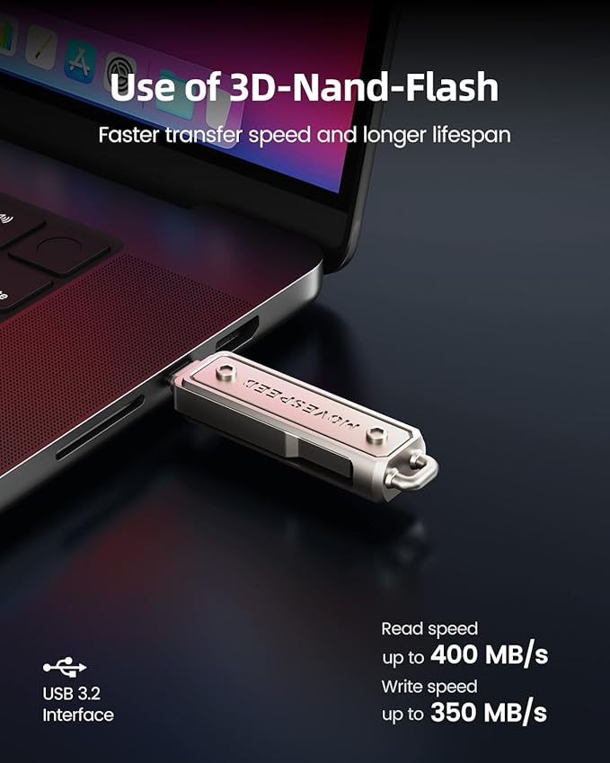 MOVE SPEED 64GB Thumb Drive, 400 MB/s Memory Stick with Type-C + USB 3.2 Gen1 Dual Port, High Speed Pendrive Compatible with 3.1/3.0/2.0 for iPhone 17/16/15 Series, Android, Mac/Pro/Air(1 Pack)