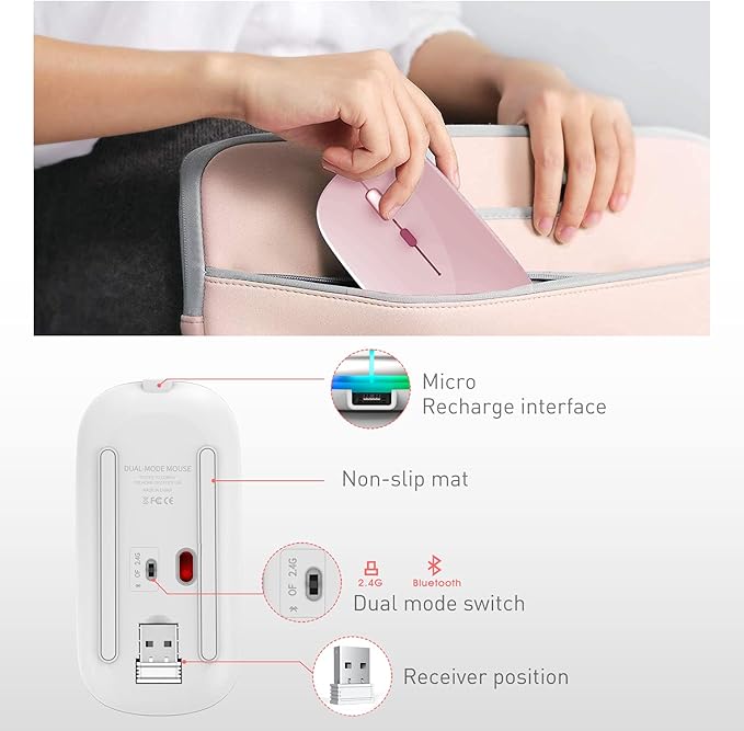 PEIBO Wireless Bluetooth Mouse, 7-Color LED, Built-in Battery, Ergonomic Design, Compatible with iPad, MacBook, Windows Laptops - Rose Gold