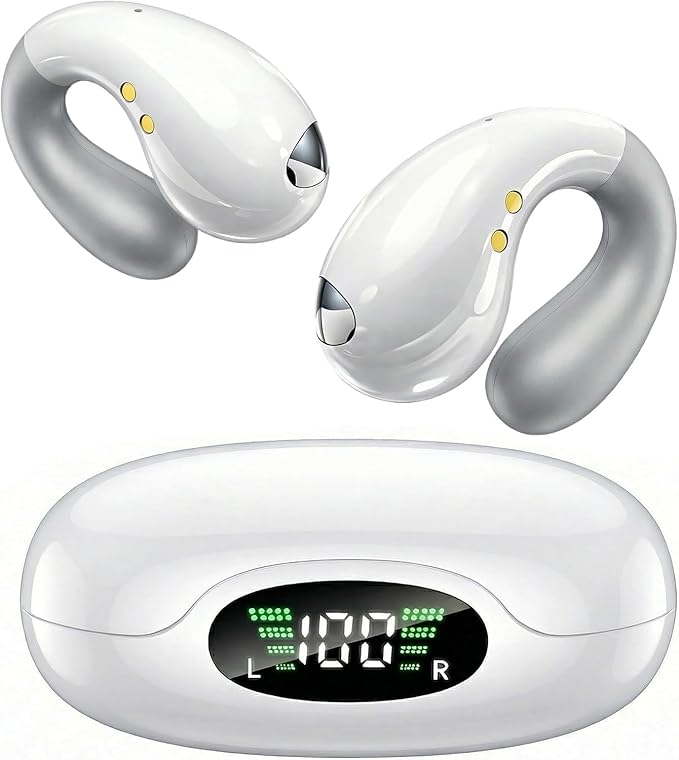Boytond Ultra Open Ear Earbuds - Comfortable Clip-On Bone Conduction Earbuds, Over-The-Ear Open Headphones with Waterproof Build for Running, Gym Workouts, and Outdoor Sports, Elegant White