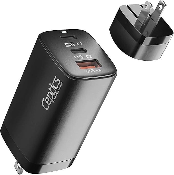 Ceptics USB C Wall Charger, 65W 3 Port PD 3.0 Ultra Compact Charger [GaN Tech], Quick Type C Charge Adapter - Small USB + Dual USB-C - USB Wall Charger for MacBook, USB C Laptops, iPad, iPhone, Galaxy