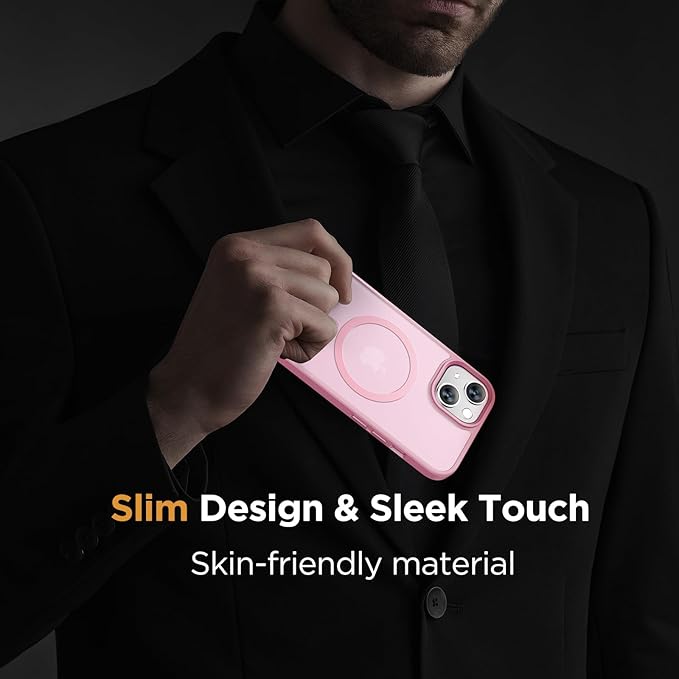 Miracase for iPhone 14 Case [MagSafe Compatible] [2× 9H Tempered Glass] 12FT Military-Grade Drop Protection, Slim Translucent Matte, Anti-Fingerprint, Shockproof with Metal Buttons, Mes-Pink
