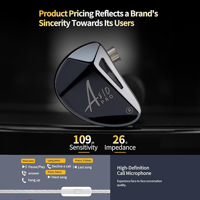 Linsoul x KZ AS10 PRO 5BA Wired Earbuds, HiFi in-Ear Earphones with Mirror Polygon Faceplate, 2 Pin Detachable Cable for Audiophile (with Mic)