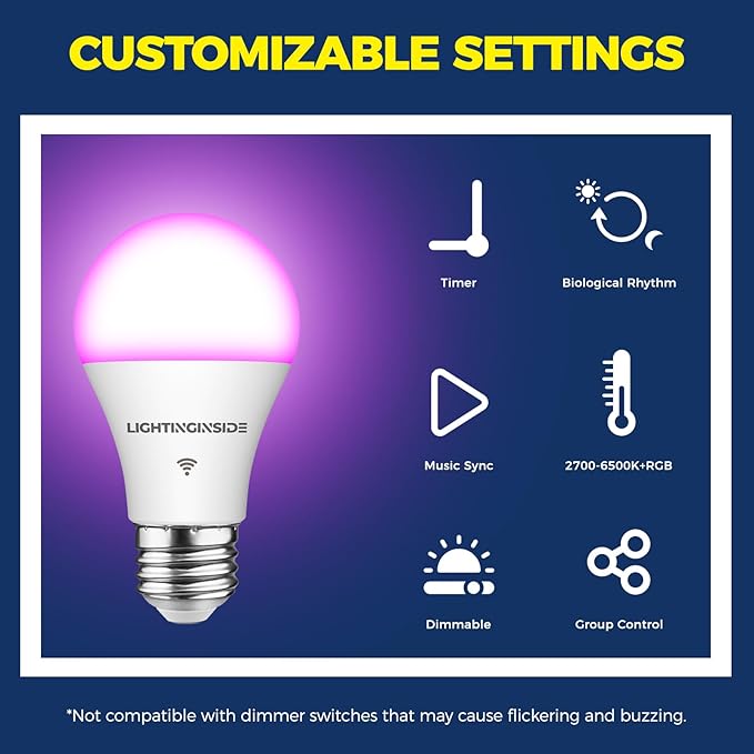 Lightinginside Smart Light Bulbs 60W Equivalent, WiFi Smart Bulb Compatible with Alexa/Google Assistant/Smart Life, A19 E26 RGBCW Color Changing, No Hub Required,2.4G WiFi, ETL Listed, 9W 800LM, 4PCS