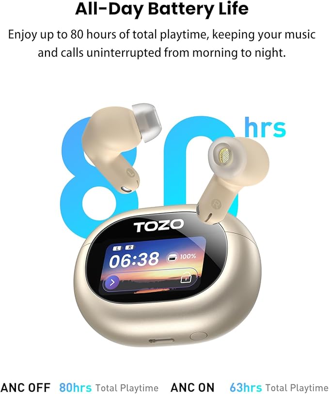 TOZO NC20 Pro Active Noise Cancelling Wireless Earbuds with Smart Touch Screen, LDAC Hi-Res Audio, Stereo Bass, 6 Mics AI Call Ear Buds, 80H Playtime, IPX8 Waterproof, 32 EQ via App, Wireless Charging