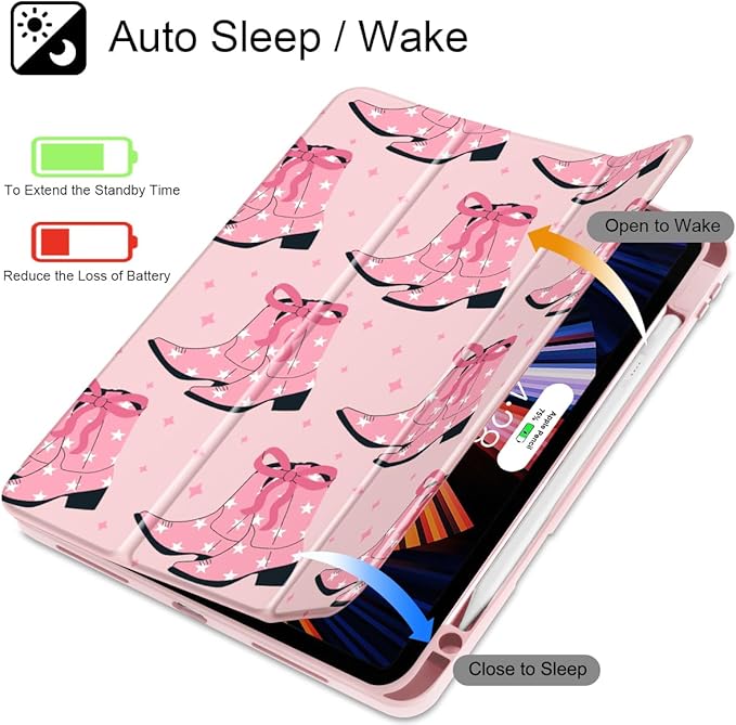 May Chen Case for iPad Pro 11-Inch M5/M4 2025/2024 (6th/5th Generation), [Penceil Holder] Trifold Stand Auto Wake/Sleep Clear TPU Protection Back Cover, Pink Boots Bows