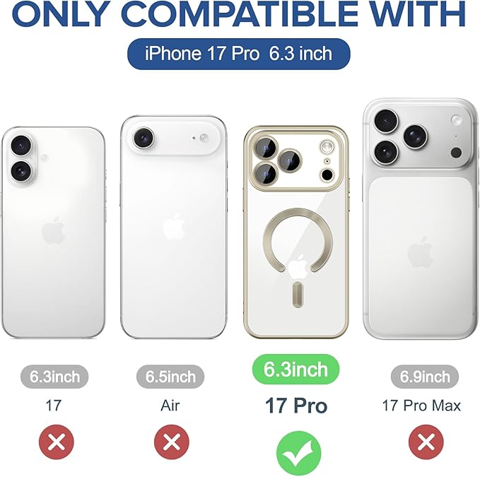 Hython Magnetic Clear for iPhone 17 Pro Case with Camera Lens Protector [Compatible with MagSafe] Luxury Plating Edge Slim Soft TPU Cover Protective Phone Case for iPhone 17 Pro 6.3", Matte Gray