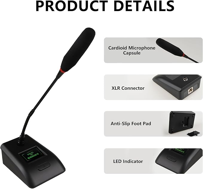 Desktop Gooseneck Conference Microphone Wired with 48V Phantom. Table Mounted Corded Condenser XLR Microphone with 26ft XLR Male to Female Cable and 6.35mm Adapter Cable for Speake, Studio, Recording