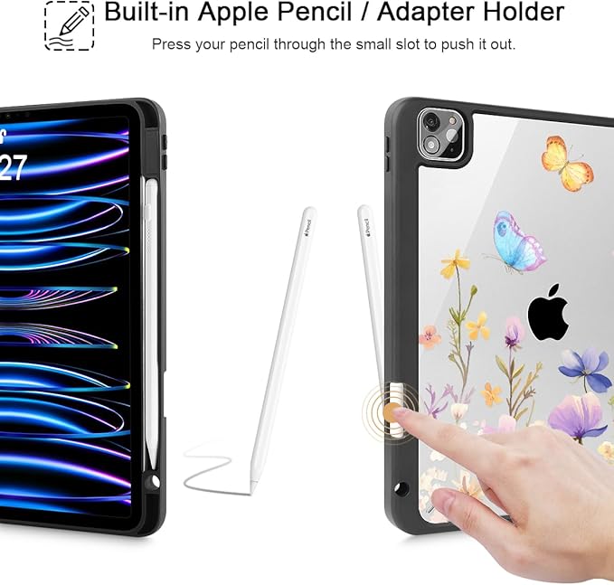 Tuiklol for iPad Pro 11 Inch 4th / 3rd / 2nd / 1st Gen (2022 2021 2020 2018) Case -Built-in Pencil Holder Shockproof Cover Clear Transparent Back Shell with Auto Wake/Sleep, Purple Flower
