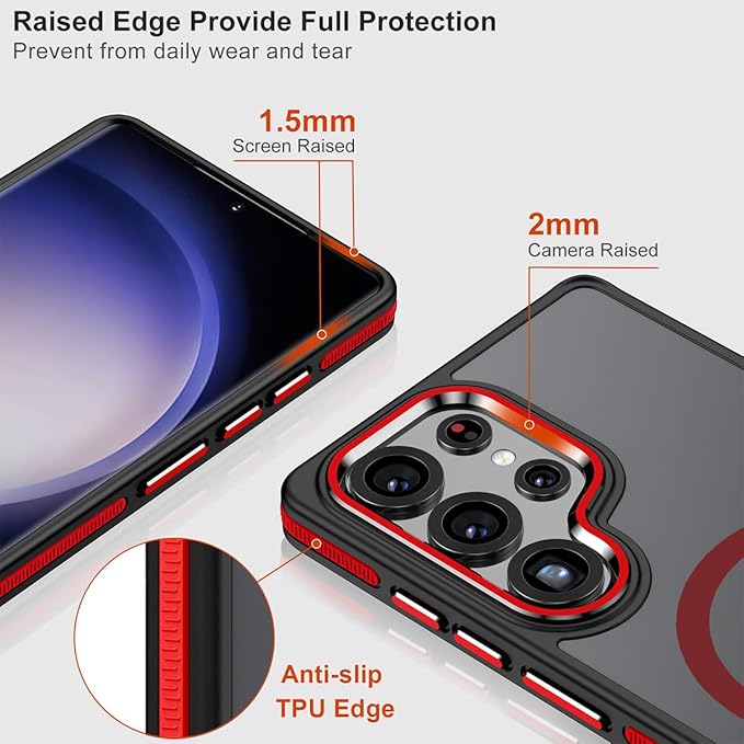 MALEWOLF Kickstand Case for Samsung Galaxy S25 Ultra Magnetic, Fits for Magsafe, Rugged Shockproof Phone Case with Anti-Slip Grip, Slim Matte Protective Cover for Galaxy S25 Ultra (Black/Red)