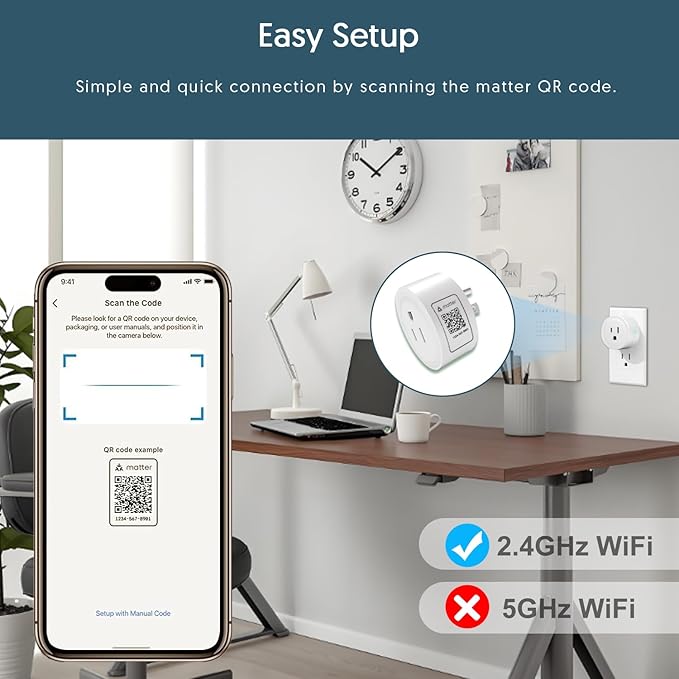 Smart Plug, Matter Compatible, Matter Hub Required, Easy Setup(FFS:Frustration-Free Setup), Work with Alexa, Google Home, Apple HomeKit(Siri)& SmartThings, 2.4 GHz Wi-Fi only (1 Pack)