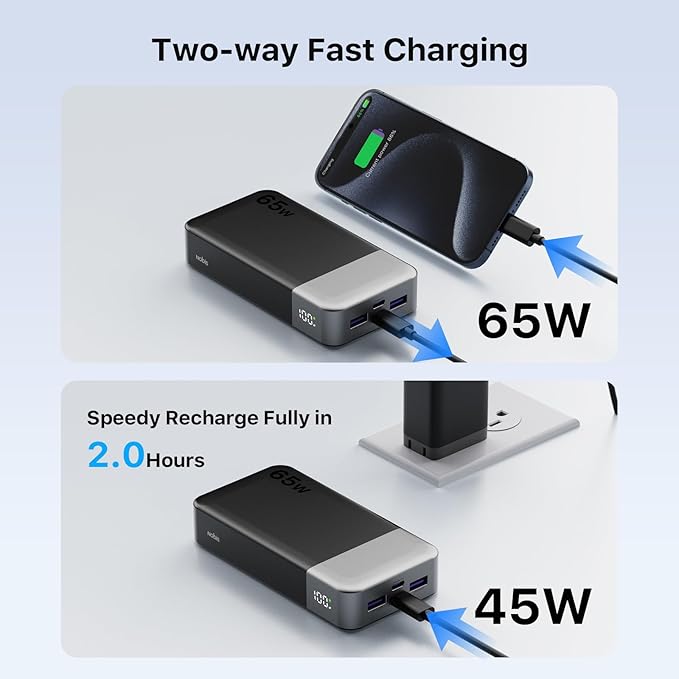 NOBIS 20000mAh Battery Pack Power Bank 65W Power Bank, Portable Charger with Digital Display, Dual USB-C/USB-A Fast Charging for Laptop, Phone, Tablet, Travel-Friendly External Battery Pack